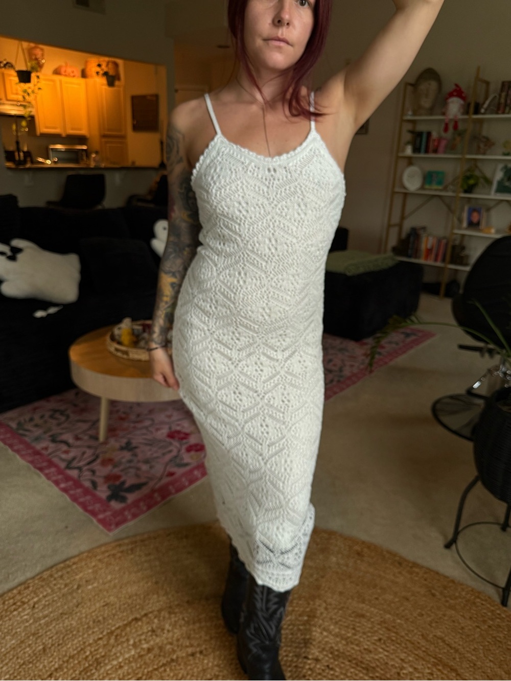 White Crochet Knit Spaghetti-Strap Midi Dress